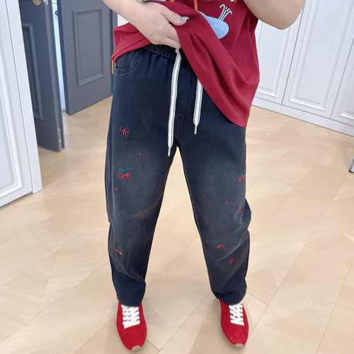 大码女装胖mm刺绣哈伦牛仔裤