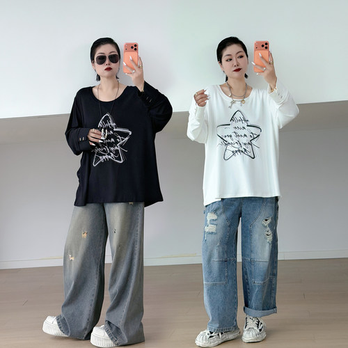 大码女装胖mm美式设计感长袖T恤