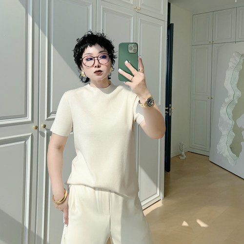 大码女装胖mm正肩短袖针织衫
