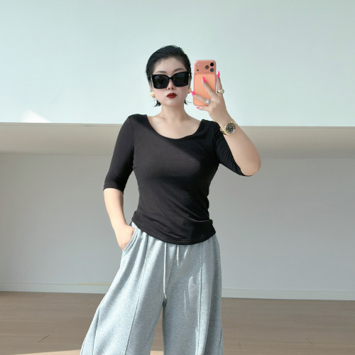 大码女胖mm纯色u领半袖t恤