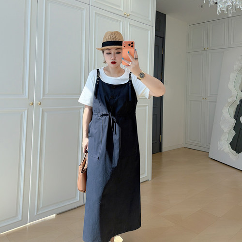 大码女装胖mm背带裙t恤套装