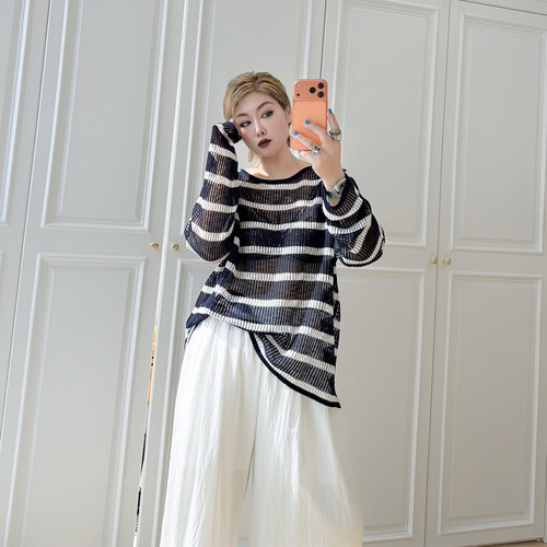 大码女装胖mm撞色条纹针织罩衫