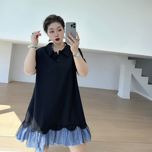 大码女装胖mm拼接Polo领连衣裙