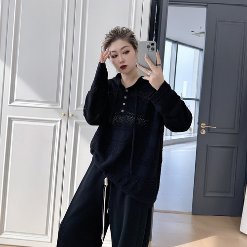 大码女装胖mm镂空连帽针织衫