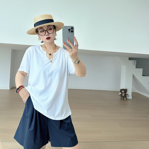 大码女装胖mm设计感V领短袖t恤