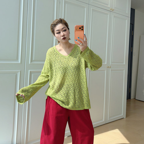 大码女装胖mm镂空v领针织罩衫