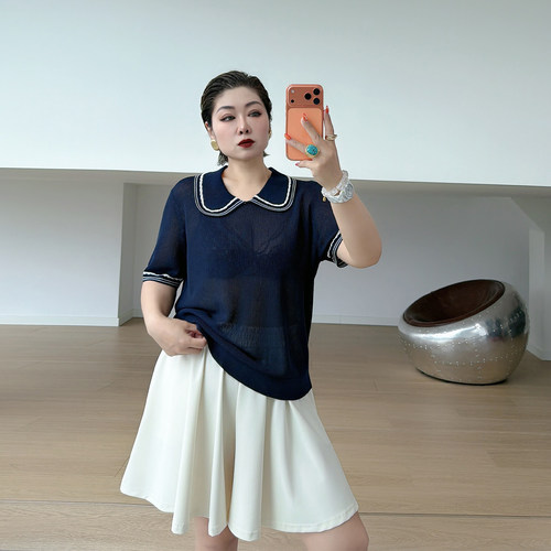 大码女装胖mm撞色娃娃领针织衫