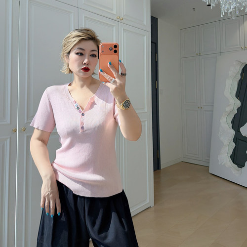 大码女装胖mm彩扣针织衫短袖t恤