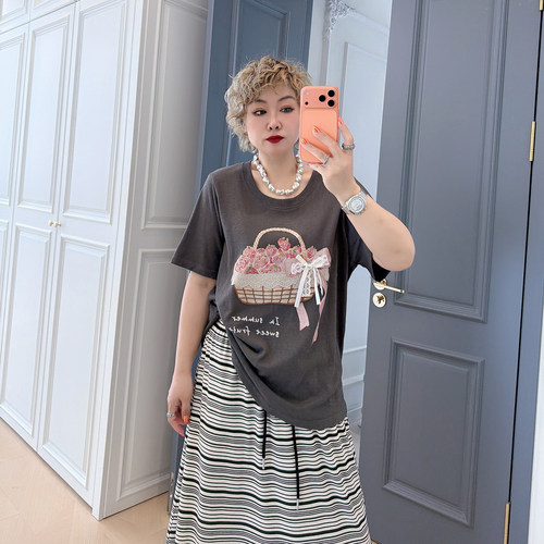 大码女装胖mm甜美蝴蝶结短袖t恤
