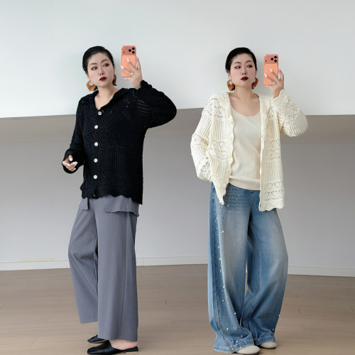 大码女装胖mm镂空针织开衫