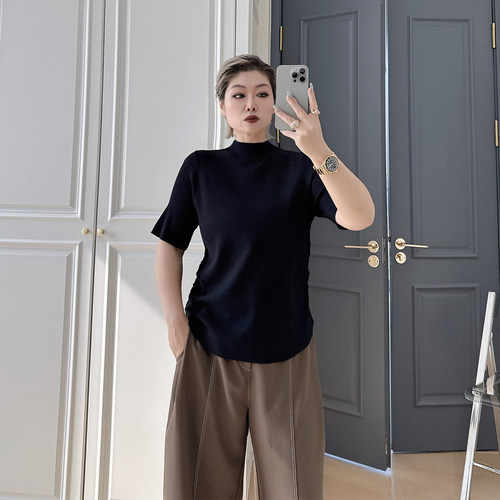 大码女装胖mm纯色简约半袖针织衫