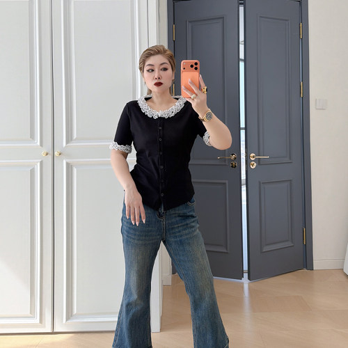 大码女装胖mm花边黑色短袖针织衫