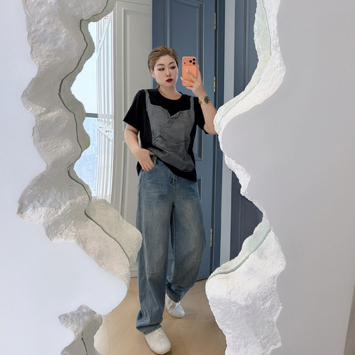 大码女装胖mm复古弯刀牛仔裤