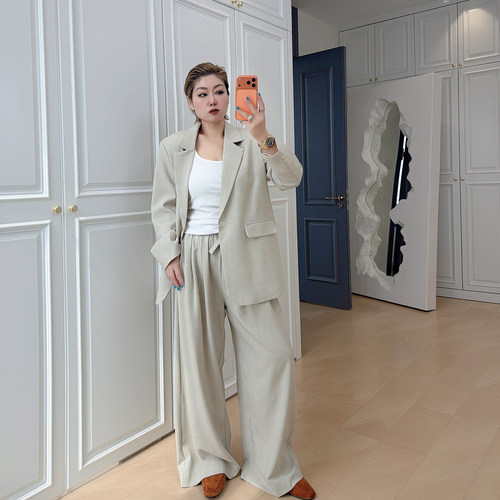 大码女装胖mm西装外套阔腿裤套装