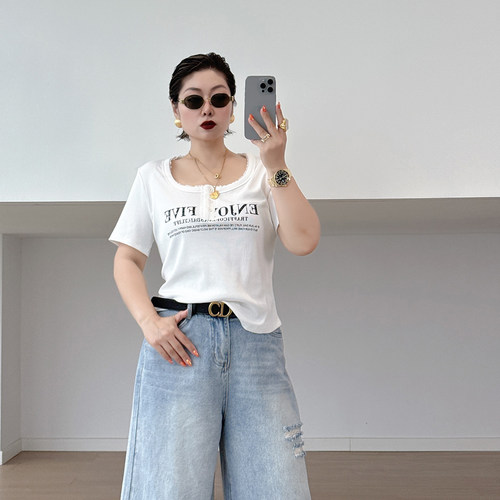大码女装胖mm蕾丝拼接U领短袖t恤