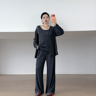 全脂家2026秋季大码女装气质胖mm灰色针织上衣裤子背心三件套装