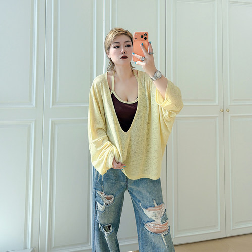 大码女装胖mm慵懒挂脖背心针织衫