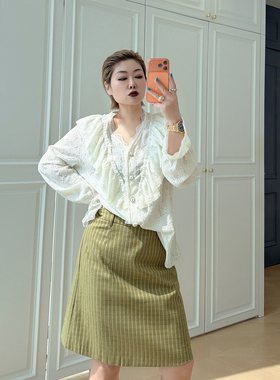 绿色复古高腰显瘦大码女装百搭半身裙200斤胖mm森系格纹a字裙子