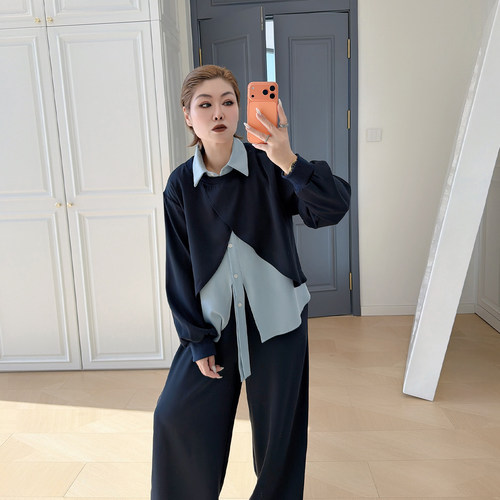 大码女装胖mm假两件衬衫套装