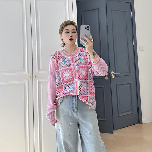 大码女装胖mm镂空钩花针织开衫