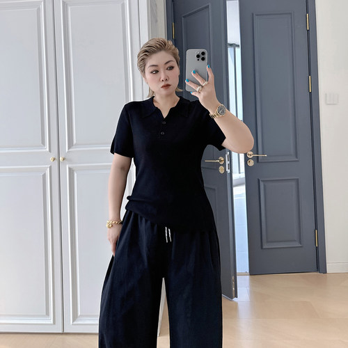 大码女装胖mm百搭polo领短袖t恤