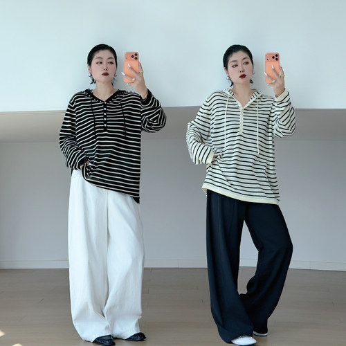 大码女装胖mm连帽条纹针织衫