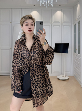 大码女装胖mm豹纹衬衫中长款宽松防晒外套春季薄款透视感气质上衣