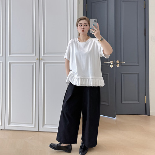 大码女装胖mm木耳边下摆短袖t恤