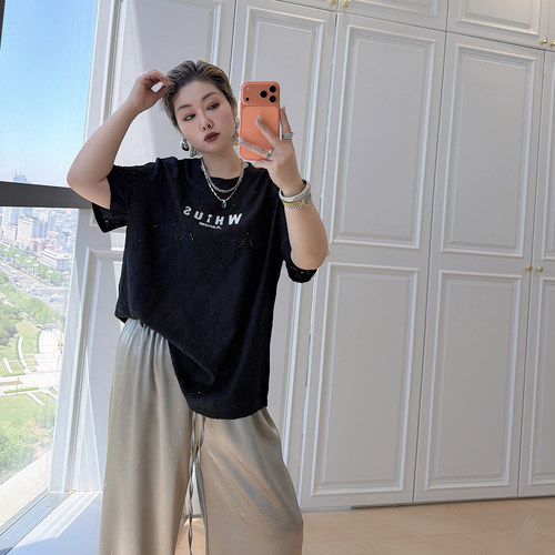 大码女装胖mm镂空提花短袖t恤