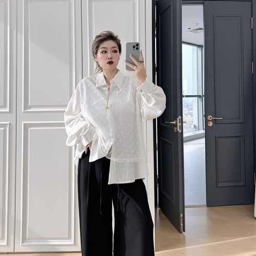 大码女装胖mm蕾丝背心衬衫套装