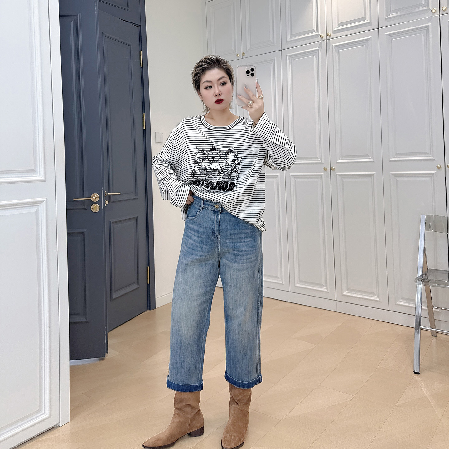 复古高腰直筒牛仔裤大码女装新款百搭200斤胖mm显瘦八分烟管裤子