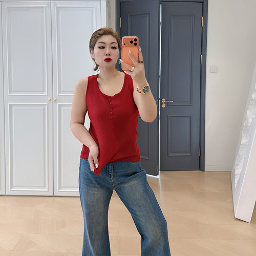 大码女装胖mm休闲含羊毛坑条背心