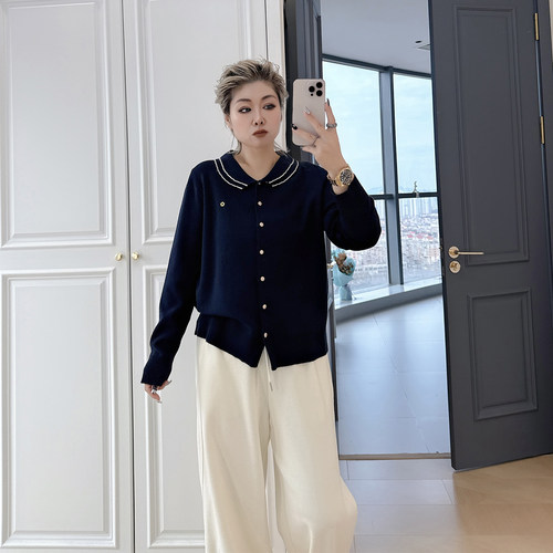 大码女装胖mm双层娃娃领针织开衫