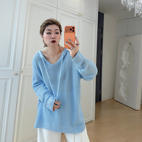 大码女装胖mm连帽长袖针织衫