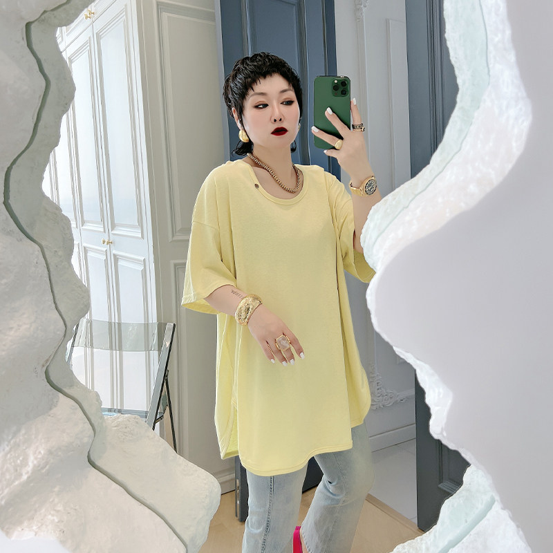 弧形下摆中长款宽松显瘦t恤大码女装200斤胖mm慵懒风纯色短袖上衣