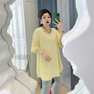 弧形下摆中长款宽松显瘦t恤大码女装200斤胖mm慵懒风纯色短袖上衣