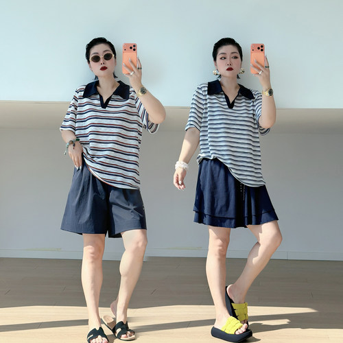 大码女装胖mm条纹翻领短袖t恤