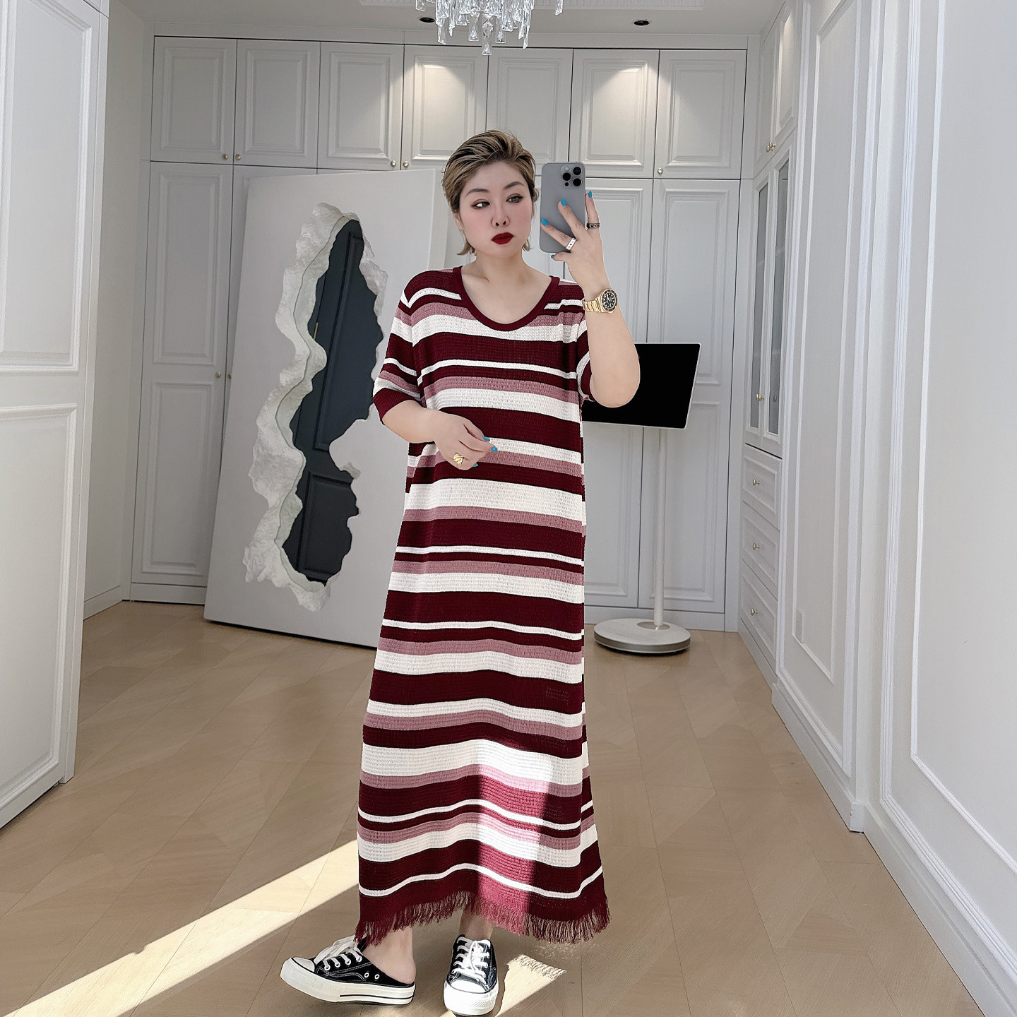 大码女装胖mm显瘦条纹针织短袖连衣裙春装新款宽松遮肉流苏长裙潮