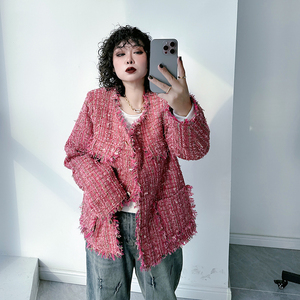 粉色小香风高级感外套大码女装200斤胖MM法式名媛风秋冬夹棉上衣