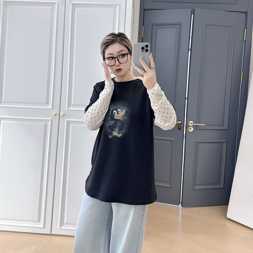 大码女装胖mm波点拼接t恤衫