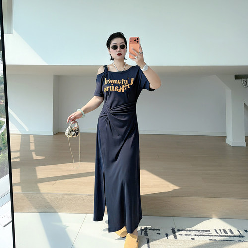 大码女装胖mm斜领露肩t恤裙