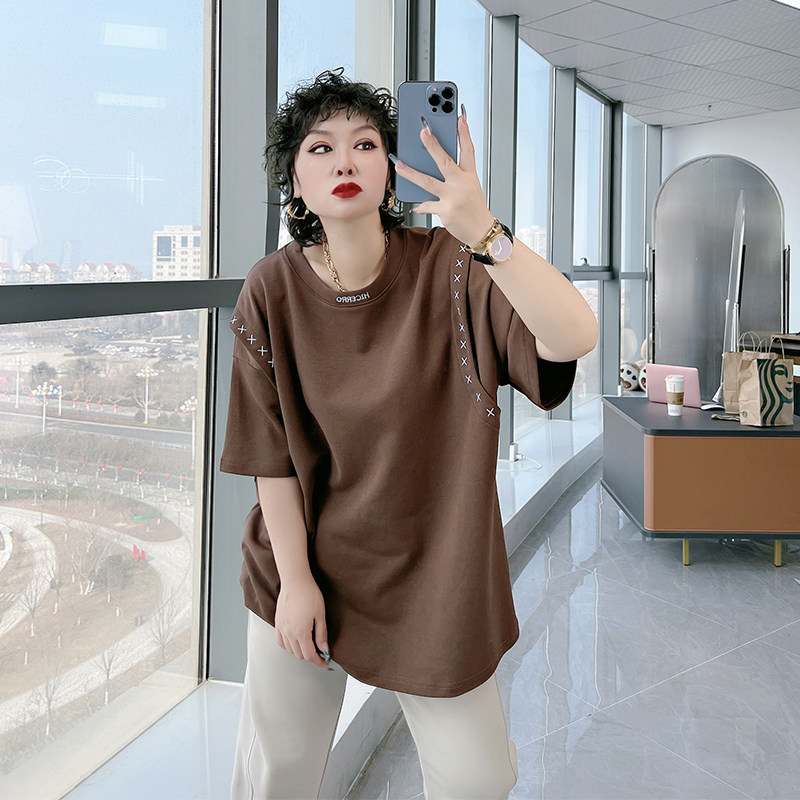 美式拼接假两件短袖T恤大码女装200斤胖MM设计感小众情侣别致半袖