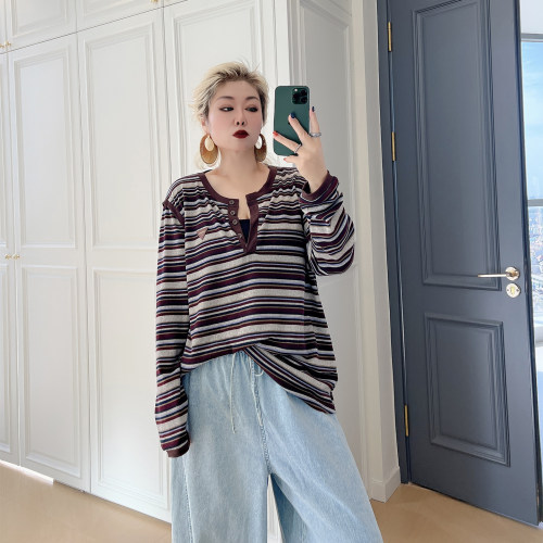 大码女装胖mm撞色减龄打底上衣