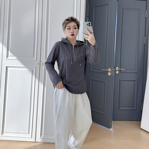 大码女装胖mm休闲连帽半拉链卫衣