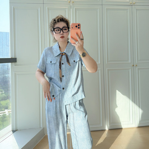 大码女装胖mm休闲亚麻两件套