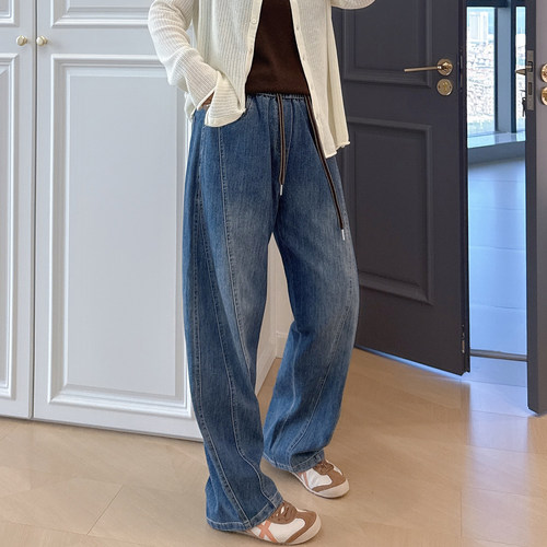 大码女装胖mm复古抽绳软牛仔裤