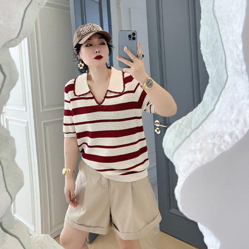 大码女装胖mm翻领条纹冰丝短袖