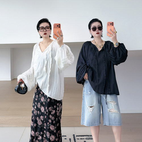 大码女装胖mm灯笼袖木耳花边上衣