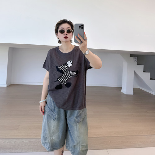 大码女装胖mm百搭短袖针织衫t恤