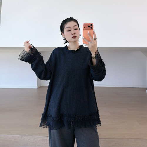大码女装胖mm蕾丝温柔长袖上衣
